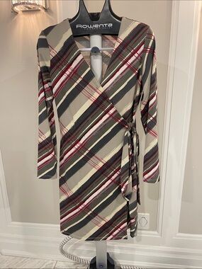 Liz Claiborne Taupe, Gray and Burgundy Striped Wrap Dress